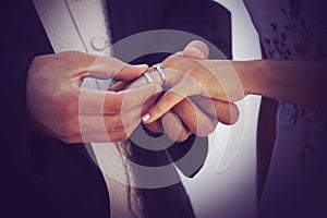 Groom Putting Ring on Bride`s Finger