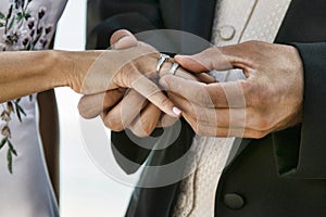 Groom Putting Ring on Bride`s Finger