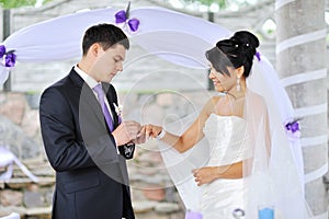Groom putting a wedding ring on a bride's finger