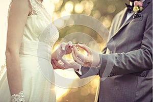 Groom putting the wedding ring on bride's finger