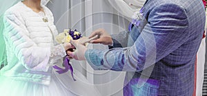 Groom`s hand puts wedding ring on bride`s finger. Beautiful wedding ceremony. Newlyweds.