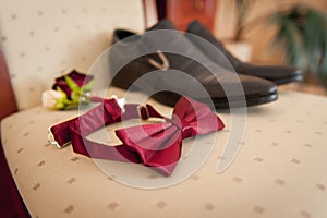 Groom set clothes. Wedding rings, shoes, cufflinks and bow tie