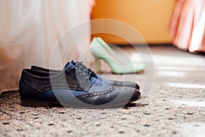 Groom set clothes. Wedding rings, shoes, cufflinks and bow tie