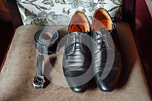 Groom set clothes. Wedding rings, shoes, cufflinks and bow tie