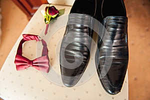 Groom set clothes. Wedding rings, shoes, cufflinks and bow tie