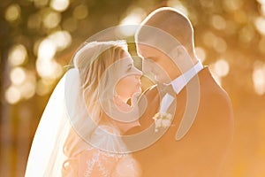 Groom is touching bride gently in a sun light