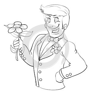 Groom in a tuxedo, a happy smile and a flower in his hands, drawing in outline, isolated object on a white background,