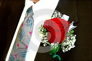 Groom wearing a red rose Boutonniere