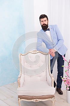 Groomed bearded man on special event. its wedding day. stylish art director. real esthete in all details. gentleman wear