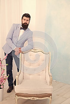 groomed bearded man on special event. its wedding day. stylish art director. real esthete in all details. gentleman wear