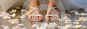 Groomed bride's feet close-up with pedicure