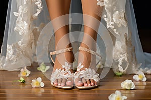 Groomed bride& x27;s feet close-up with pedicure