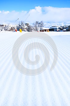 Groomed snow at Bansko ski slope, Bulgaria