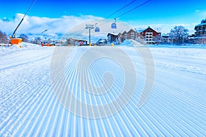 Groomed snow at Bansko ski slope, Bulgaria