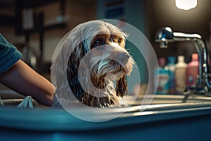 A groomer giving a cocker spaniel a bath in a sink, with shampoo. Generated ai