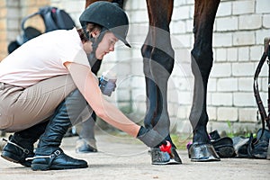 Groomer horsewoman taking care of chestnut horse hoof.