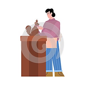 Groomer in pet grooming salon caring for dog, flat vector illustration isolated.