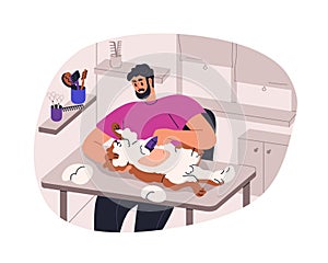 Groomer shaving cats hair, trimming feline animal in pets beauty salon. Grooming service for cute furry hairy kitty. Man