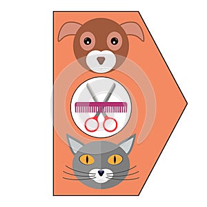 Grooming logo design template. Dog, cat and comb with scissors. Vector clipart and drawing. Isolated illustration.
