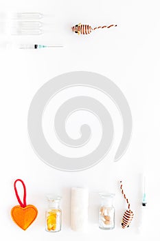 Grooming set with pets cure tools and toys on white background top view mockup