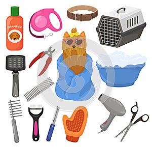 Grooming vector pet dog accessory or animals tools brush hair dryer in groomer salon illustration set of puppy doggy