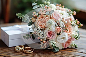 Grooms accessories luxurious bouquet, gold rings, cufflinks on wooden floor