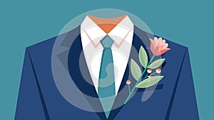 The grooms boutonniere is carefully pinned onto his suit jacket matching perfectly with the brides bouquet.. Vector photo