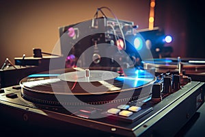 Groove and Glow: Close-up of a DJ Mixer with Vinyl Records Amidst Bokeh Lights at a Club Party. AI Generated.