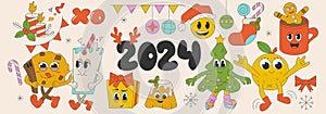 Groove retro set Christmas. Comic cartoon characters and elements. Orange and cookie with milk. Christmas tree, gifts, emoji,