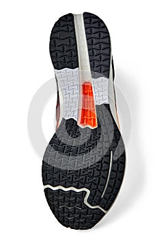 Grooved tread of sports running shoes isolated on a white background