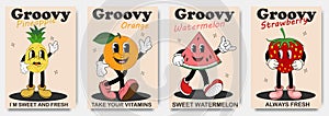 Groovy 70s posters with retro fruits cartoon characters. Strawberry, watermelon, pineapple, Orange.