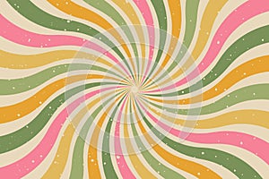 Groovy abstract background with colorful sunburst. Retro vector design in 1960-1970s style. Vintage swirl backdrop