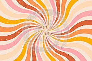 Groovy abstract background. Colourful twirl retro burst backdrop. Vintage banner template of 60-70s hippie style. Red