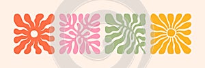 Groovy abstract flower art set. Organic doodle shapes in trendy naive retro hippie 60s 70s style.