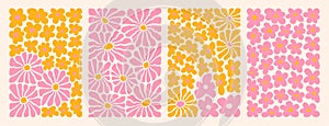 Groovy abstract flower art set. Organic doodle shapes in trendy naive retro hippie 60s 70s style.