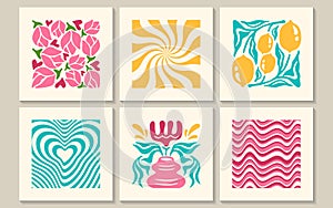 Groovy abstract posters with lemon fruit, flowers, waves, swirl pattern in matisse style