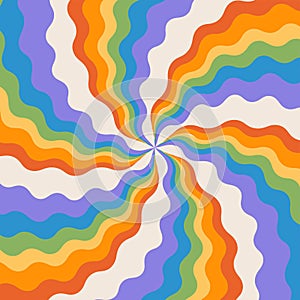 Groovy abstract rainbow swirl background with concentric wavy striped rays. Retro vector design in 1960-1970s style