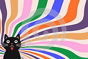 Groovy abstract rainbow swirl background with cute black cat. Retro vector design in 1960-1970s style. Vintage sunburst