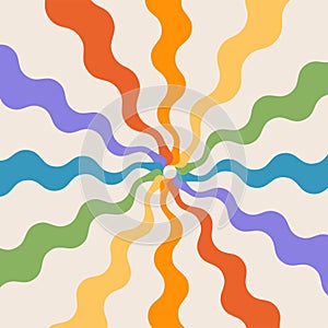 Groovy abstract rainbow swirl background with wavy rays. Retro vector design in 1960-1970s style. Vintage sunburst