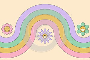 Groovy background with rainbow and smiling daisy flowers. 60s 70 s Hippie retro style.