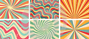 Groovy background. Starburst rays, colorful funky waves and vintage 60s hippie psychedelic wallpaper backdrop vector set