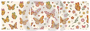 Groovy butterfly, daisy, flower. Hippie 60s 70s seamless patterns in trendy retro style.