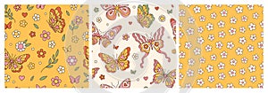 Groovy butterfly, daisy, flower. Hippie 60s 70s seamless patterns in trendy retro style.