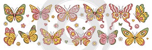 Groovy butterfly, daisy, flower stickers. Hippie 60s 70s elements. Floral romantic sign and symbols.