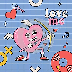 Groovy card template with Retro cartoon crazy heart character. Valentines Day poster. Psychedelic Heart cupid with bow