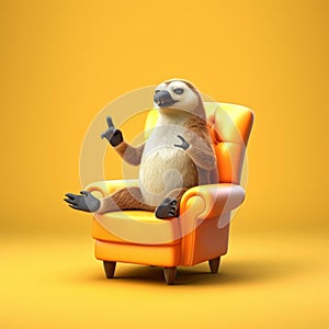 Groovy Cartoon Sloth Sitting On Yellow Sofa - 3d Illustration