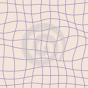 Groovy Checkered Seamless Pattern With Lilac Wavy Lines. Psychedelic Abstract Background in 1970s Retro Style