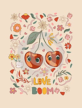 Groovy cherry, daisy, flower. Hippie 60s 70s posters. Floral romantic backgrounds in trendy cute retro style.Ideal for