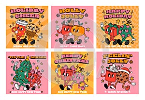 Groovy Christmas card. Retro comic hippy mascot character on holiday invitation. Trendy cartoon flyer with drink and