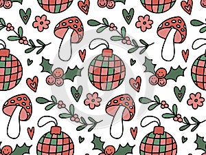 Groovy Christmas seamless pattern background with Retro 70s hippie cute festive winter hand drawn doodles - disco ball